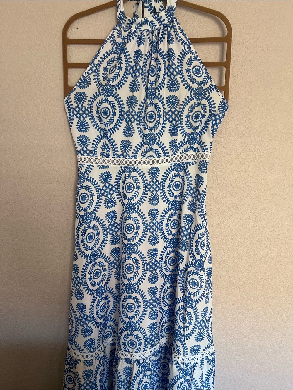 Sleeveless White and Blue Halter Midi Dress